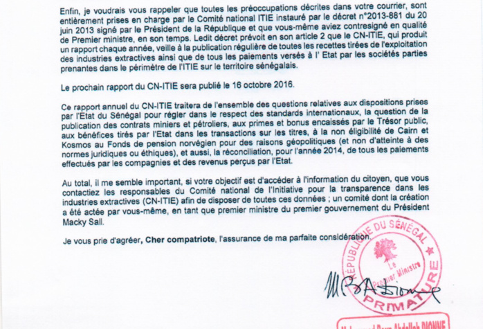 Pétrole et gaz de la République du Sénégal : Le Premier ministre Mahammad Boun Abdallah Dionne répond à Abdoul Mbaye 