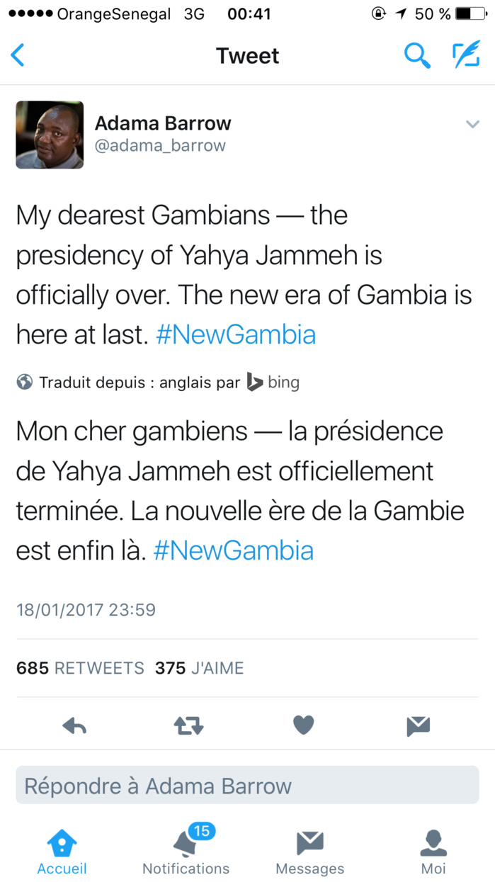 GAMBIE : Le président Barrow annonce la fin du règne de Jammeh