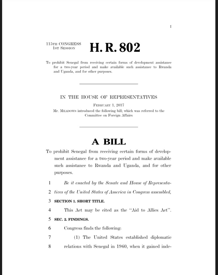 Un congressman américain demande la suppression de l'aide des USA au Sénégal Un congressman américain demande la suppression de l'aide des USA au Sénégal