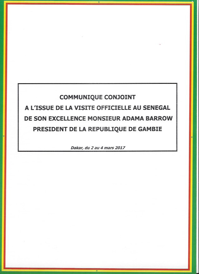 Communiqué conjoint à l'issue de la visite officielle au Sénégal du président Gambien Adama Barrow