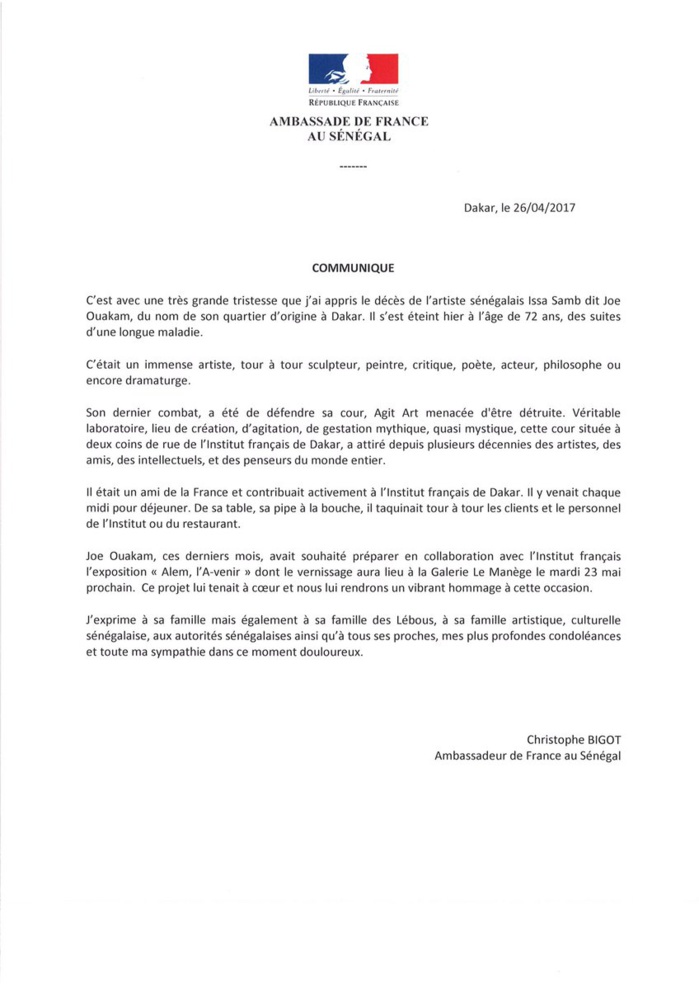 DÉCÈS DE JOE OUAKAM : L'ambassadeur de la France au Sénégal, Christophe Bigot présente ses condoléances au peuple Sénégalais (DOCUMENT)