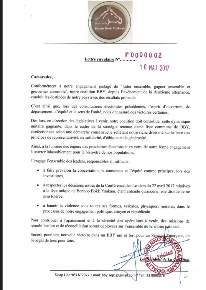 LÉGISLATIVES 2017 : Les recommandations du Président à ses alliés de Benno Bokk Yakaar (DOCUMENT) LÉGISLATIVES 2017 : Les recommandations du Président à ses alliés de Benno Bokk Yakaar (DOCUMENT)