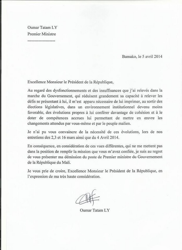 La lettre de démission de l'ex-premier ministre Oumar Tatam Ly