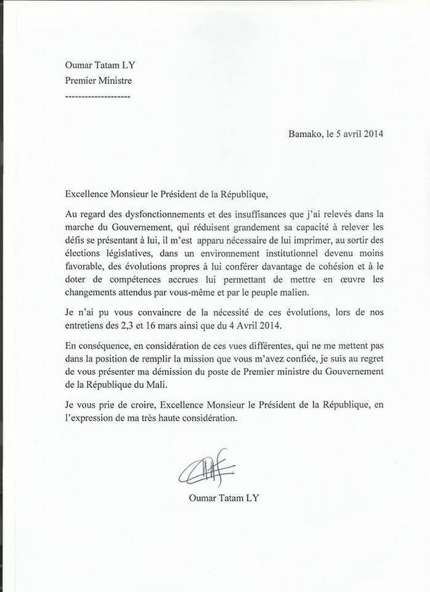 La lettre de démission de l’expremier ministre Oumar Tatam Ly