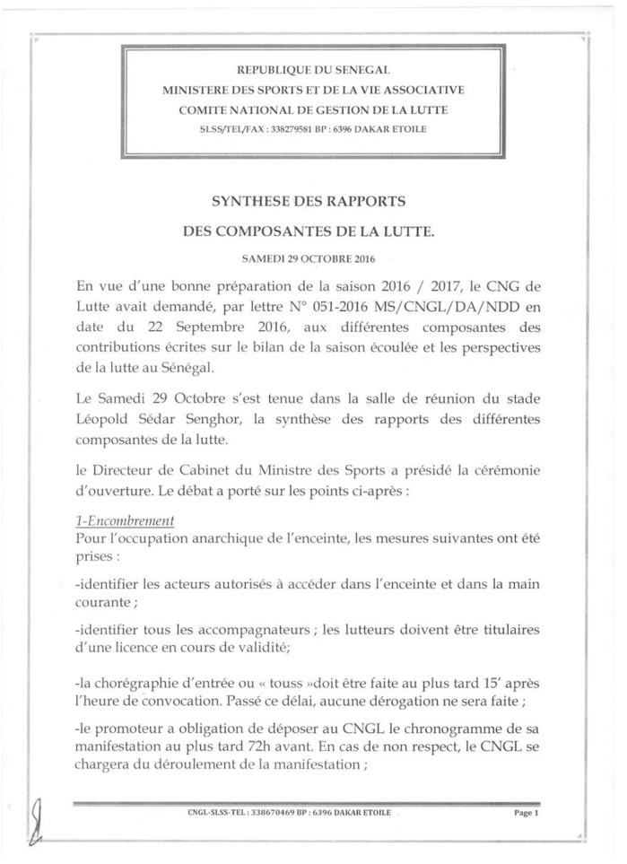 Synthèse des rencontres (2016) entre le CNG de lutte et les différentes composantes de l'arène Synthèse des rencontres (2016) entre le CNG de lutte et les différentes composantes de l'arène
