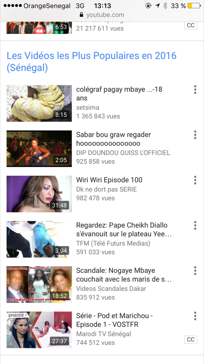 Les vidéos les plus populaires au Sénégal en 2016 : Pagay Mbaye et Sabar bou graw rafle la mise Les vidéos les plus populaires au Sénégal en 2016 : Pagay Mbaye et Sabar bou graw rafle la mise