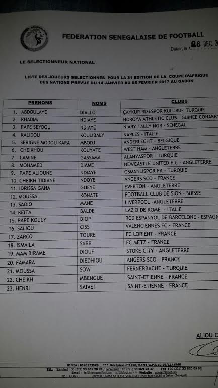 Voici la liste des joueurs sénégalais sélectionnés pour la CAN 2017 