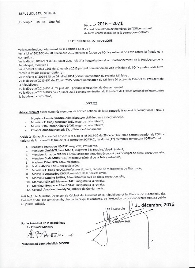 DECRET PORTANT NOMINATION DES MEMBRES DE L'OFNAC (DOCUMENT)