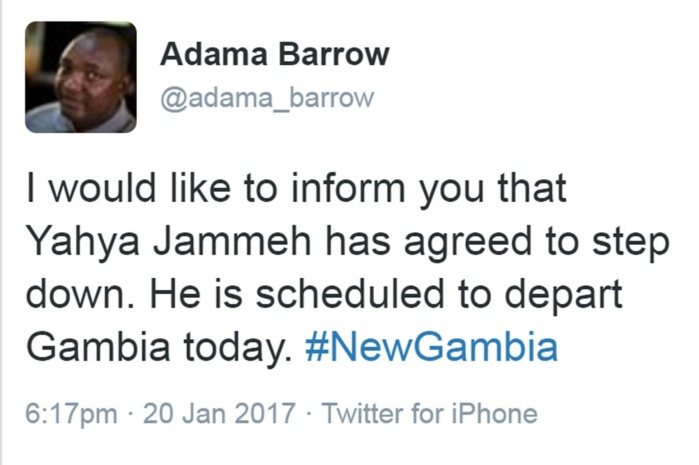 Adama Barrow confirme l'acception de Jammeh à quitter le pouvoir
