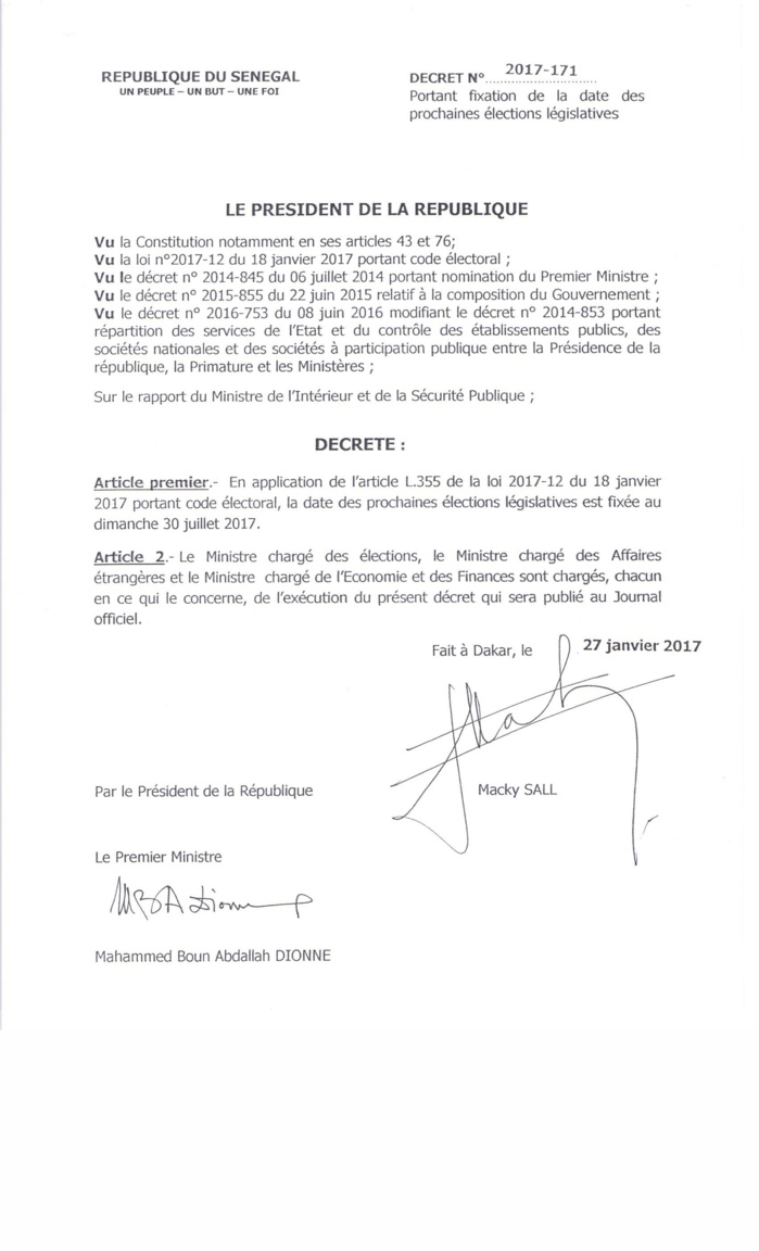 SÉNÉGAL : Voici le décret fixant la date des élections législatives.