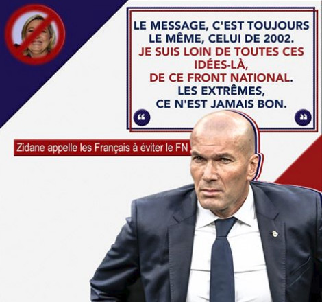 Zinédine Zidane appelle à «éviter» le Front national à l'élection présidentielle