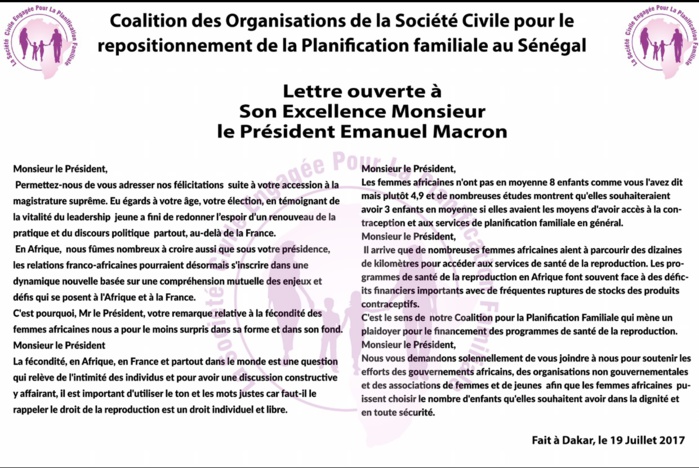 Lettre ouverte de la Coalition des ONG pour la planification familiale au Président Macron (DOCUMENT)