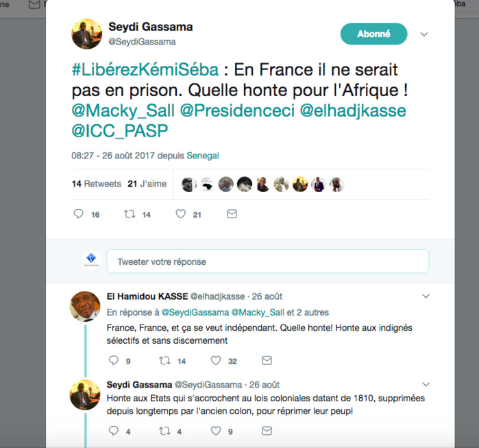 Emprisonnement de Kémi Séba : Hamidou Kassé et Seydi Gassama se donnent en spectacle sur Twitter