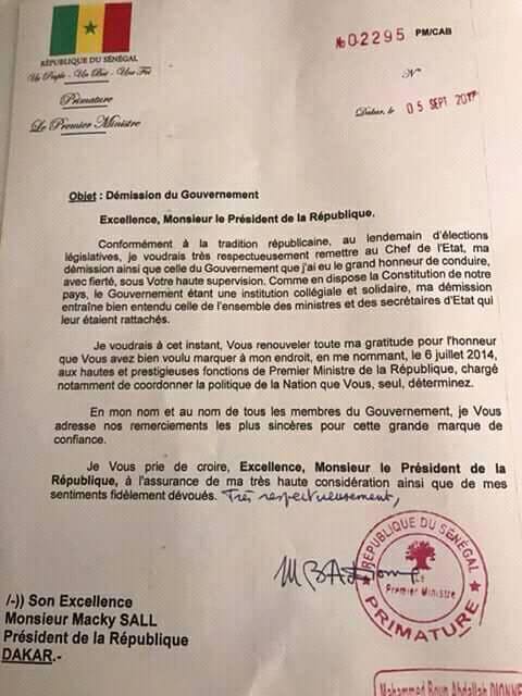 OFFICIEL : La lettre de démission du Gouvernement de Mahammed Boun Abdallah Dionne (DOCUMENT)