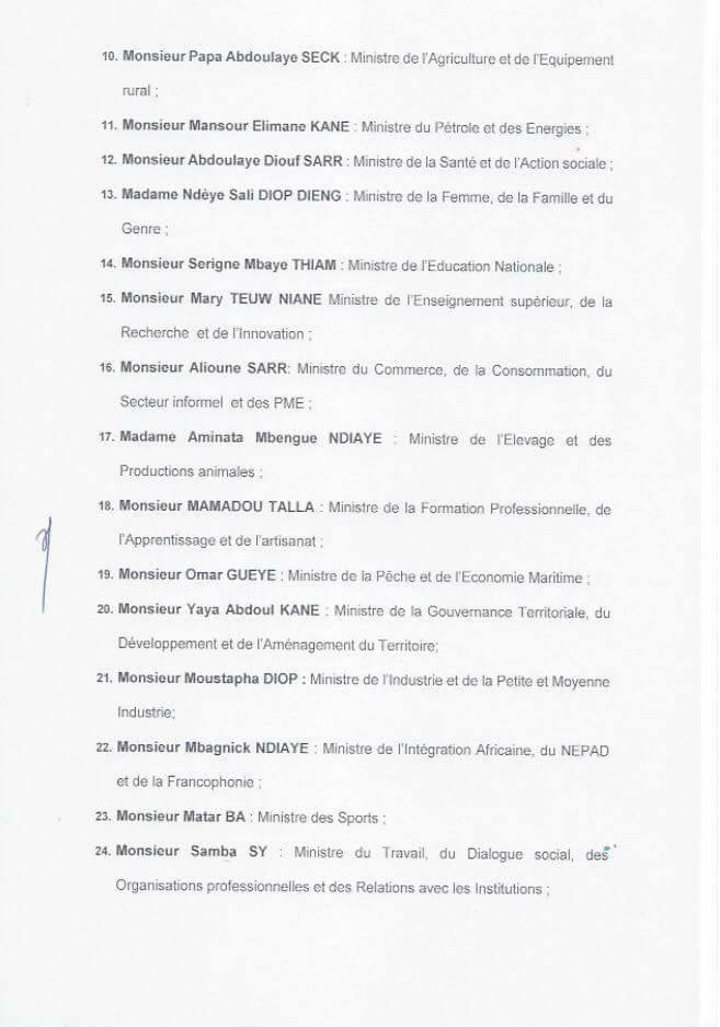 OFFICIEL : La composition du nouveau Gouvernement du Sénégal (DOCUMENTS)