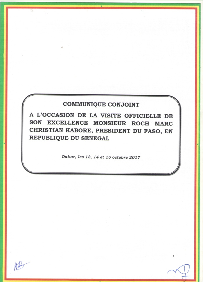 Communiqué conjoint à l'issue de la visite officielle au Sénégal de SEM Roch Marc Christian KABORE au Sénégal (DOCUMENTS)