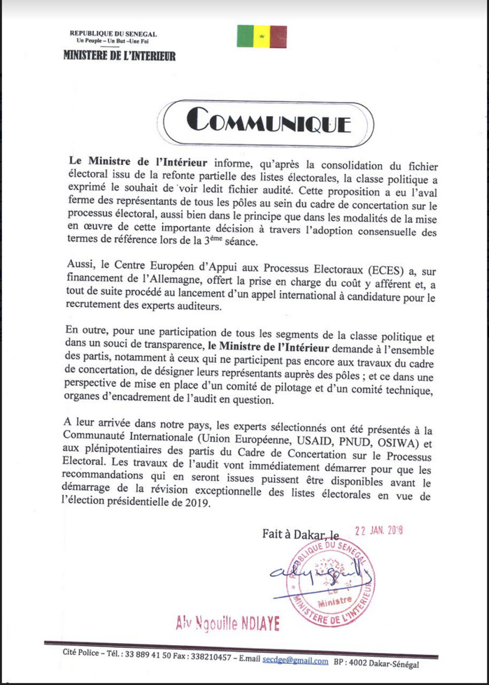Audit du fichier électoral : le ministre invite « l’opposition significative » à désigner ses représentants (Document)