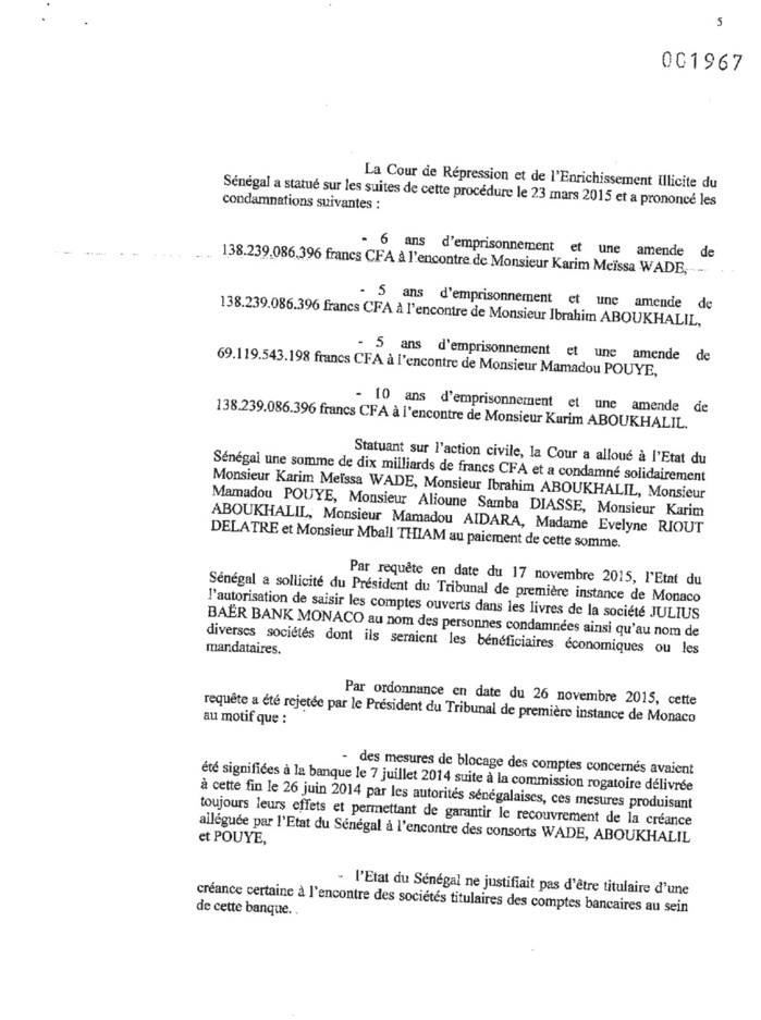 Comptes de Monaco : Karim Wade et Cie déboutés (DOCUMENTS) Comptes de Monaco : Karim Wade et Cie déboutés (DOCUMENTS)