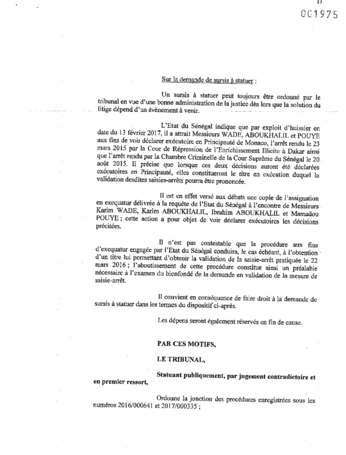 Comptes de Monaco : Karim Wade et Cie déboutés (DOCUMENTS) Comptes de Monaco : Karim Wade et Cie déboutés (DOCUMENTS)