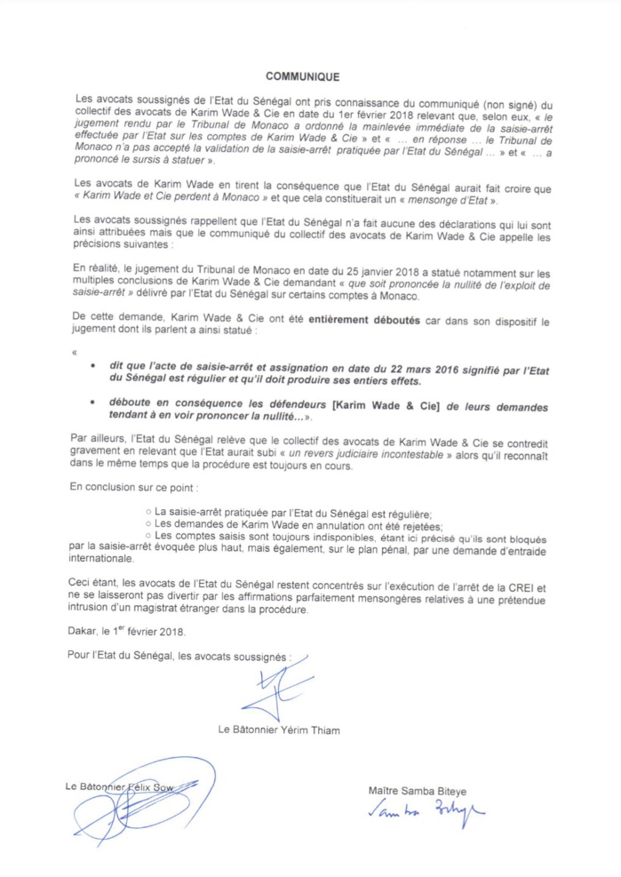 JUGEMENT RENDU PAR LE TRIBUNAL DE MONACO : Les avocats de l'Etat du Sénégal recadrent ceux de Karim Wade (DOCUMENT)