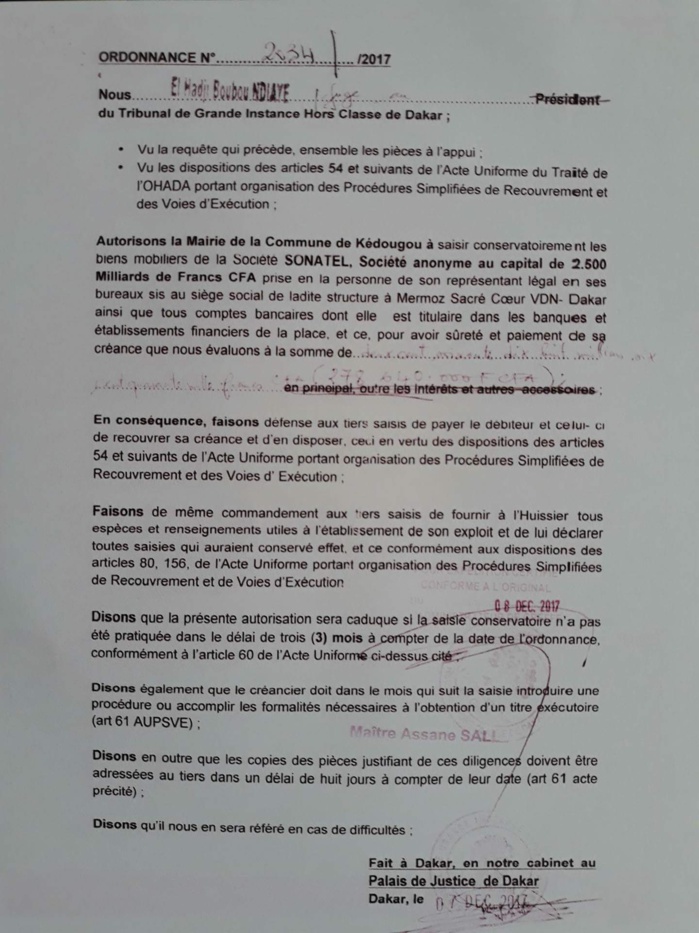 Redevance annuelle : la SONATEL doit 276, 64 millions à la commune de Kédougou (Documents) Redevance annuelle : la SONATEL doit 276, 64 millions à la commune de Kédougou (Documents)