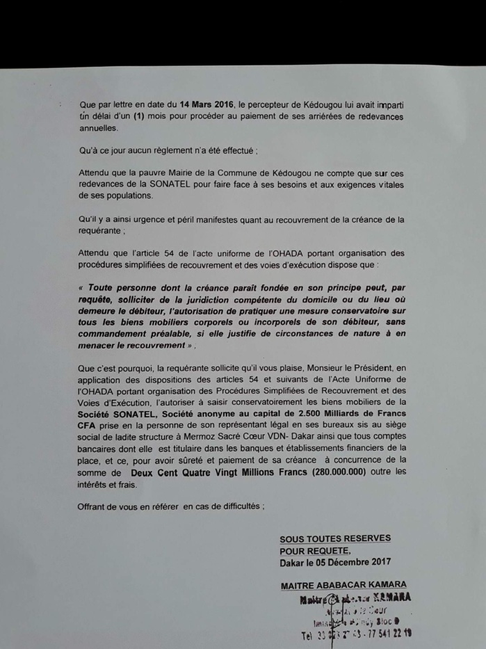 Redevance annuelle : la SONATEL doit 276, 64 millions à la commune de Kédougou (Documents) Redevance annuelle : la SONATEL doit 276, 64 millions à la commune de Kédougou (Documents)