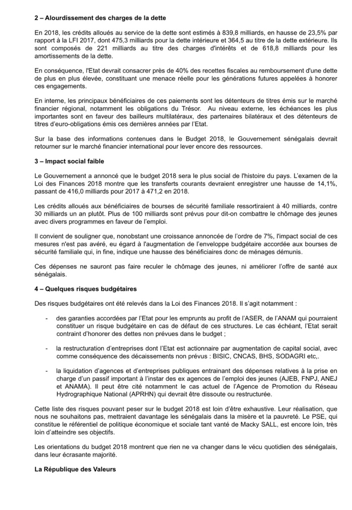 Le Mouvement « la République des valeurs » fait part de la situation du budget 2018 du Sénégal : INQUIÉTUDES ET RISQUES (DOCUMENT)