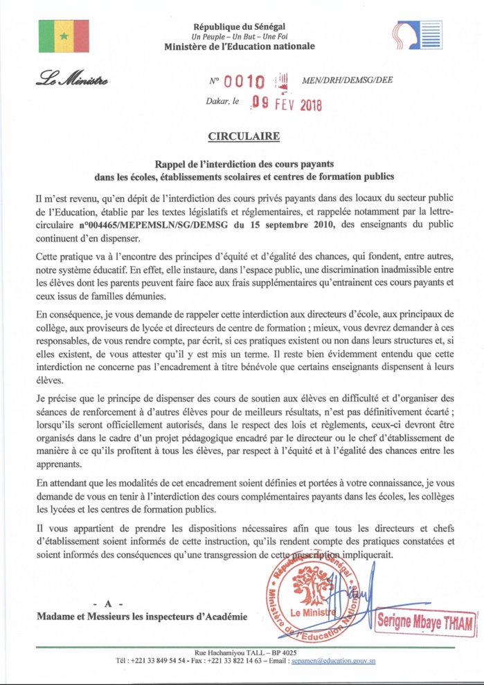 Ministère de l'éducation nationale : interdiction des cours payants dans les écoles, établissements scolaires et dans les centres de formation publics (Document) Ministère de l'éducation nationale : interdiction des cours payants dans les écoles, établissements scolaires et dans les centres de formation publics (Document)