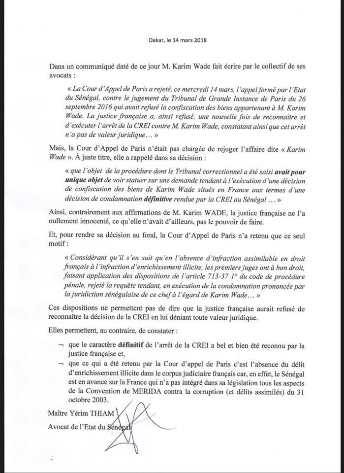 DÉCLARATION DES AVOCATS DE KARIM WADE : Me Yérim Thiam dément et précise (DOCUMENT)