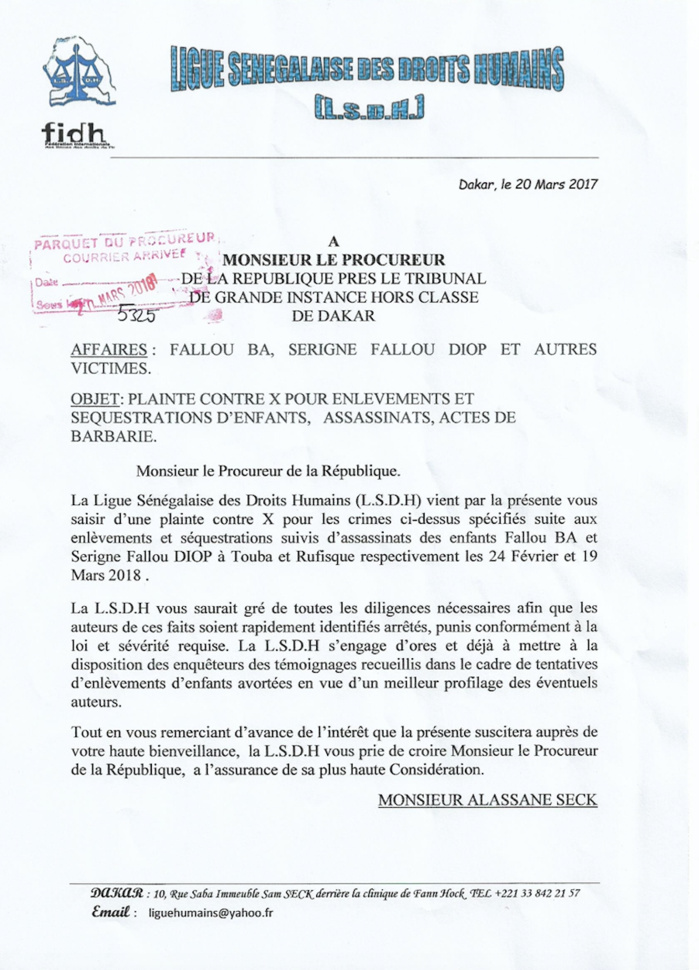 Plainte de la LSDH suite aux enlèvements et séquestrations d’enfants, assassinats et actes de barbarie. (DOCUMENT)