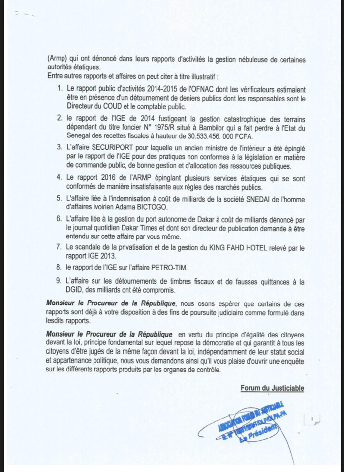 Condamnation de Khalifa Sall : Le Forum du Justiciable écrit au Procureur de la République (DOCUMENT) Condamnation de Khalifa Sall : Le Forum du Justiciable écrit au Procureur de la République (DOCUMENT)
