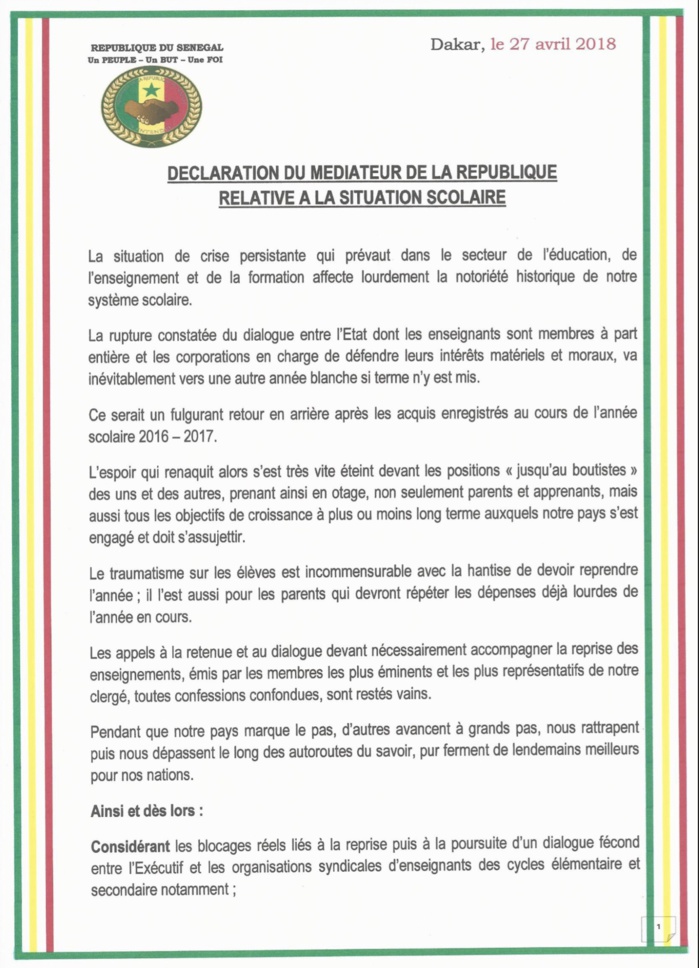 Déclaration du Médiateur de la République Alioune Badara Cissé qui réagit sur la crise scolaire (DOCUMENT)