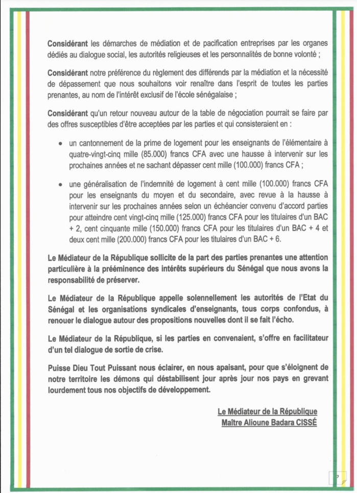 Déclaration du Médiateur de la République Alioune Badara Cissé qui réagit sur la crise scolaire (DOCUMENT)
