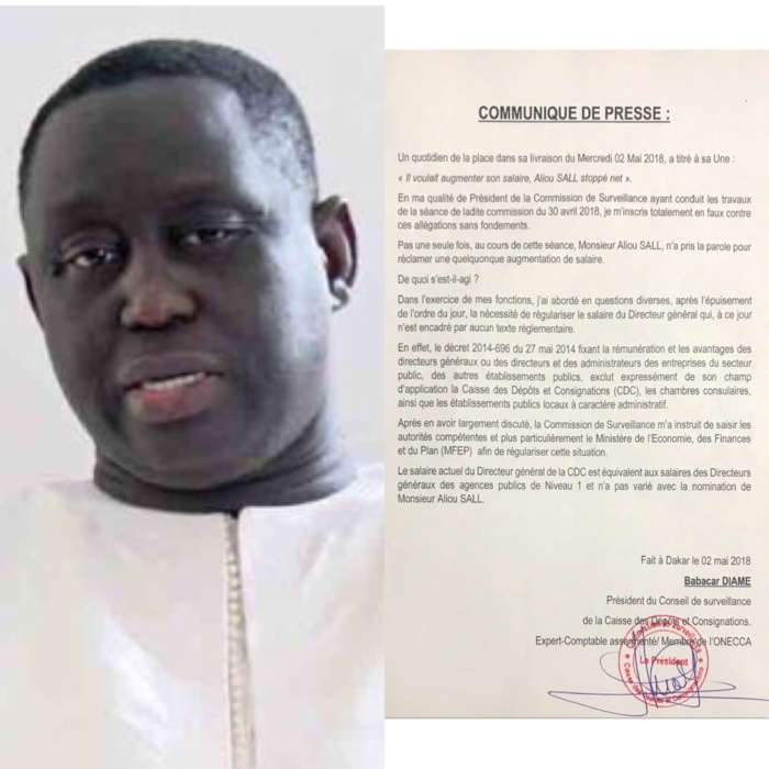 Supposée augmentation du salaire de Aliou Sall : le Président du Conseil de surveillance de la CDC dément et précise (Document) Supposée augmentation du salaire de Aliou Sall : le Président du Conseil de surveillance de la CDC dément et précise (Document)