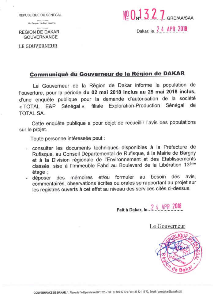 Demande d’autorisation de la société  « Total EP Sénégal» : Enquête publique ouverte pour recueillir l’avis des populations sur le projet
