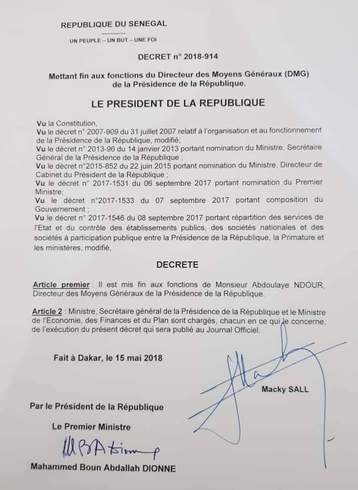 Voici le Décret mettant fin aux fonctions du Directeur des Moyens Généraux (DMG) de la Présidence de la République Abdoulaye Ndour (DOCUMENT)