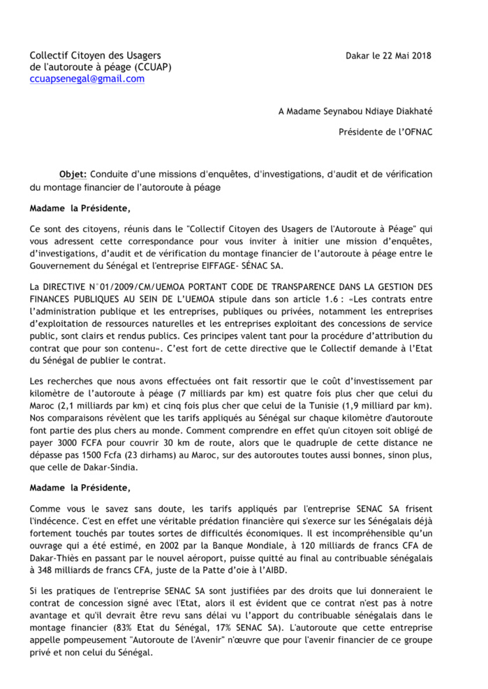 Enquête sur l’Autoroute à péage : Le Collectif citoyen des usagers saisit l’OFNAC (Document) Enquête sur l’Autoroute à péage : Le Collectif citoyen des usagers saisit l’OFNAC (Document)