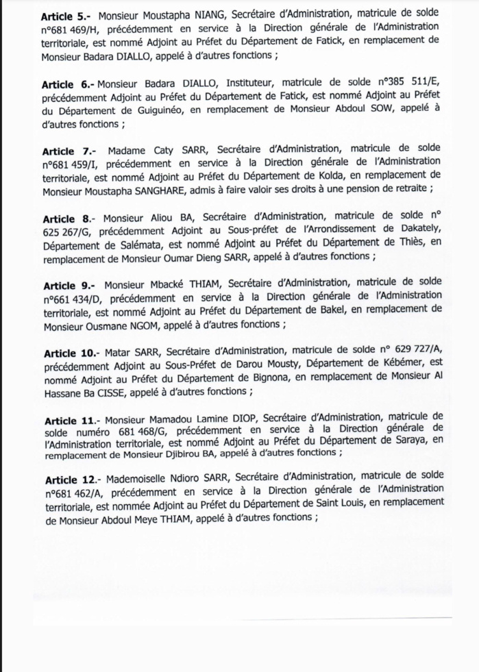 SÉNÉGAL : Décrets portant nomination d'Adjoints au Préfet et de Sous-préfets (DOCUMENTS) SÉNÉGAL : Décrets portant nomination d'Adjoints au Préfet et de Sous-préfets (DOCUMENTS)
