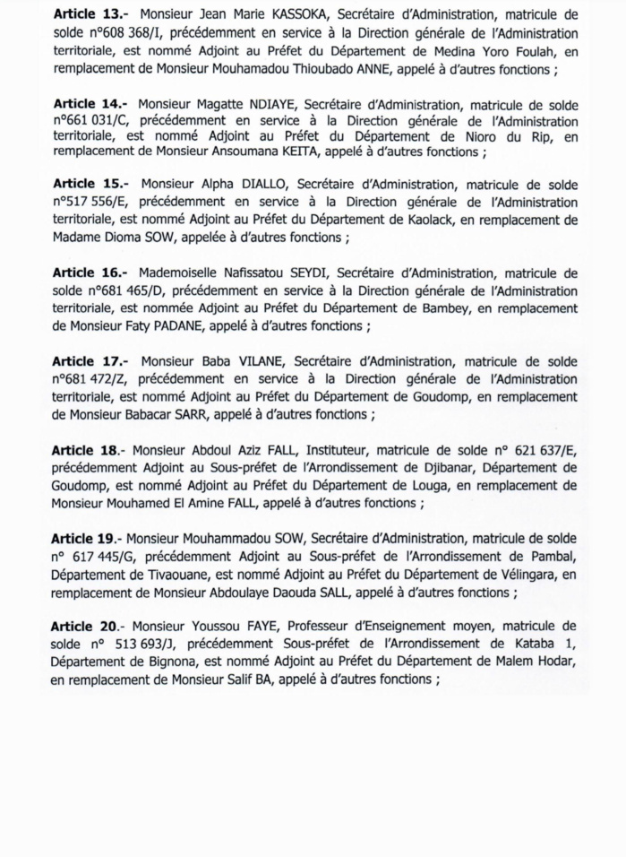 SÉNÉGAL : Décrets portant nomination d'Adjoints au Préfet et de Sous-préfets (DOCUMENTS)