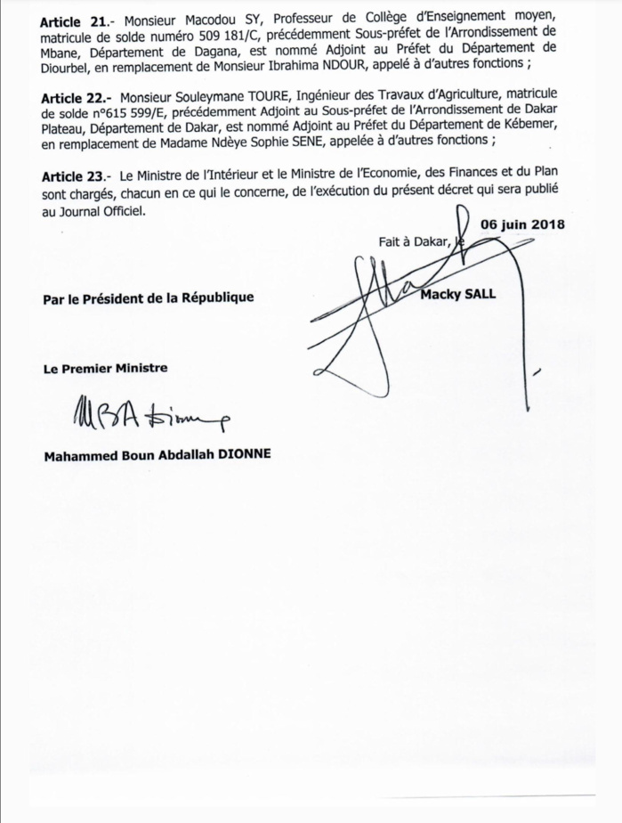 SÉNÉGAL : Décrets portant nomination d'Adjoints au Préfet et de Sous-préfets (DOCUMENTS) SÉNÉGAL : Décrets portant nomination d'Adjoints au Préfet et de Sous-préfets (DOCUMENTS)