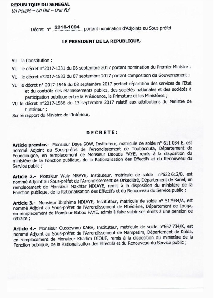 SÉNÉGAL : Décrets portant nomination d'Adjoints au Préfet et de Sous-préfets (DOCUMENTS) SÉNÉGAL : Décrets portant nomination d'Adjoints au Préfet et de Sous-préfets (DOCUMENTS)