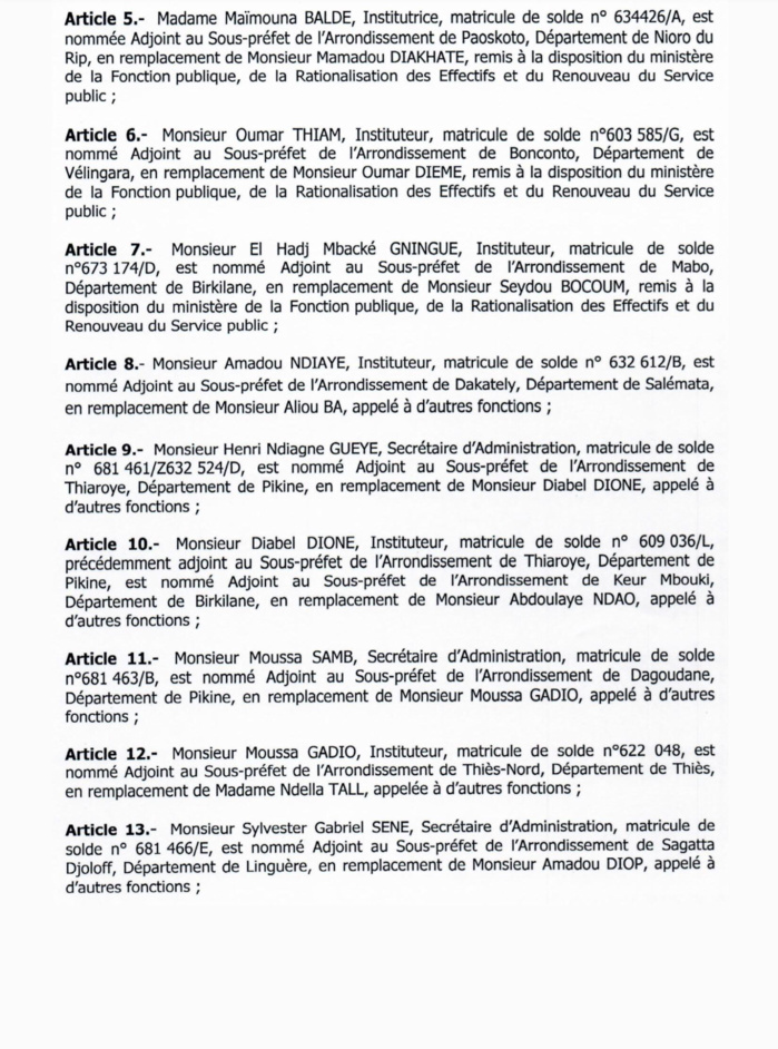 SÉNÉGAL : Décrets portant nomination d'Adjoints au Préfet et de Sous-préfets (DOCUMENTS) SÉNÉGAL : Décrets portant nomination d'Adjoints au Préfet et de Sous-préfets (DOCUMENTS)