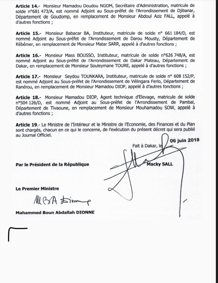 SÉNÉGAL : Décrets portant nomination d'Adjoints au Préfet et de Sous-préfets (DOCUMENTS)