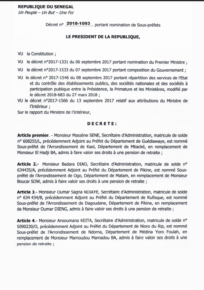 SÉNÉGAL : Décrets portant nomination d'Adjoints au Préfet et de Sous-préfets (DOCUMENTS) SÉNÉGAL : Décrets portant nomination d'Adjoints au Préfet et de Sous-préfets (DOCUMENTS)