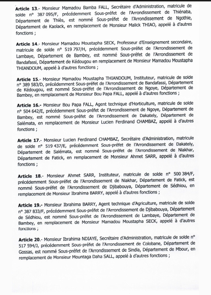 SÉNÉGAL : Décrets portant nomination d'Adjoints au Préfet et de Sous-préfets (DOCUMENTS)