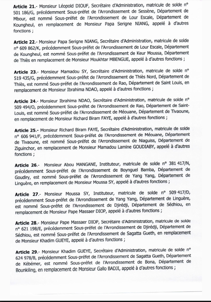 SÉNÉGAL : Décrets portant nomination d'Adjoints au Préfet et de Sous-préfets (DOCUMENTS)