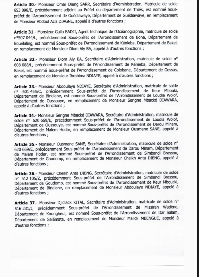 SÉNÉGAL : Décrets portant nomination d'Adjoints au Préfet et de Sous-préfets (DOCUMENTS)