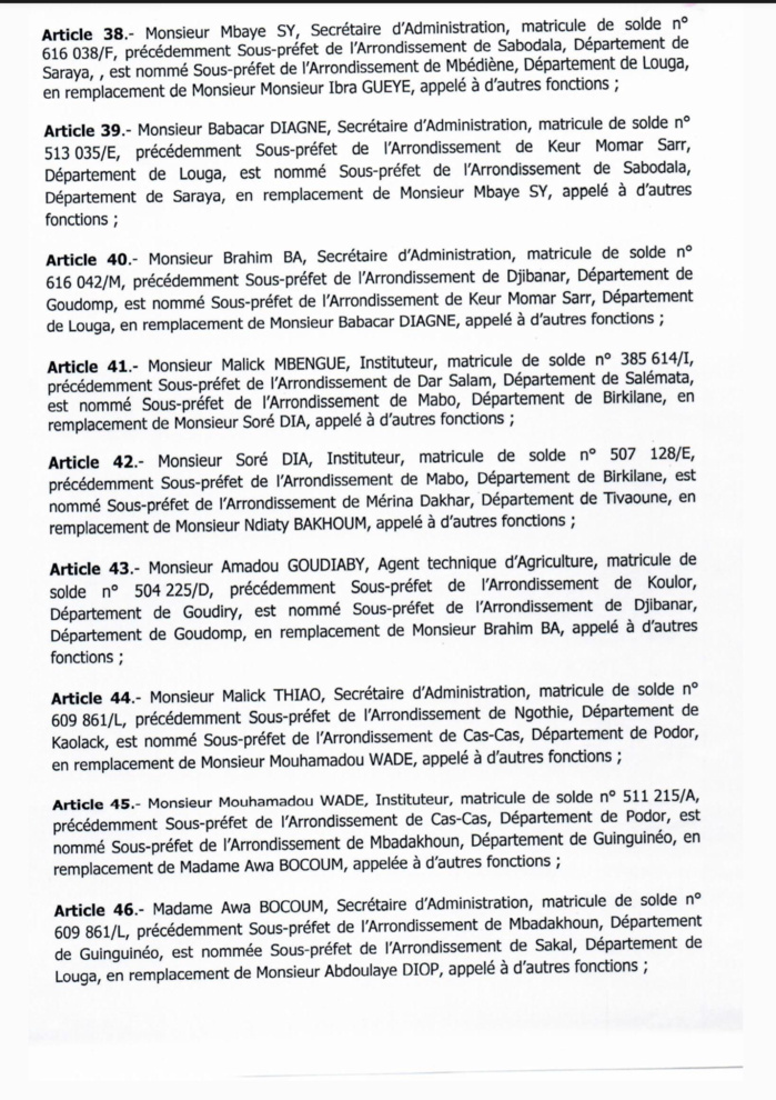 SÉNÉGAL : Décrets portant nomination d'Adjoints au Préfet et de Sous-préfets (DOCUMENTS) SÉNÉGAL : Décrets portant nomination d'Adjoints au Préfet et de Sous-préfets (DOCUMENTS)
