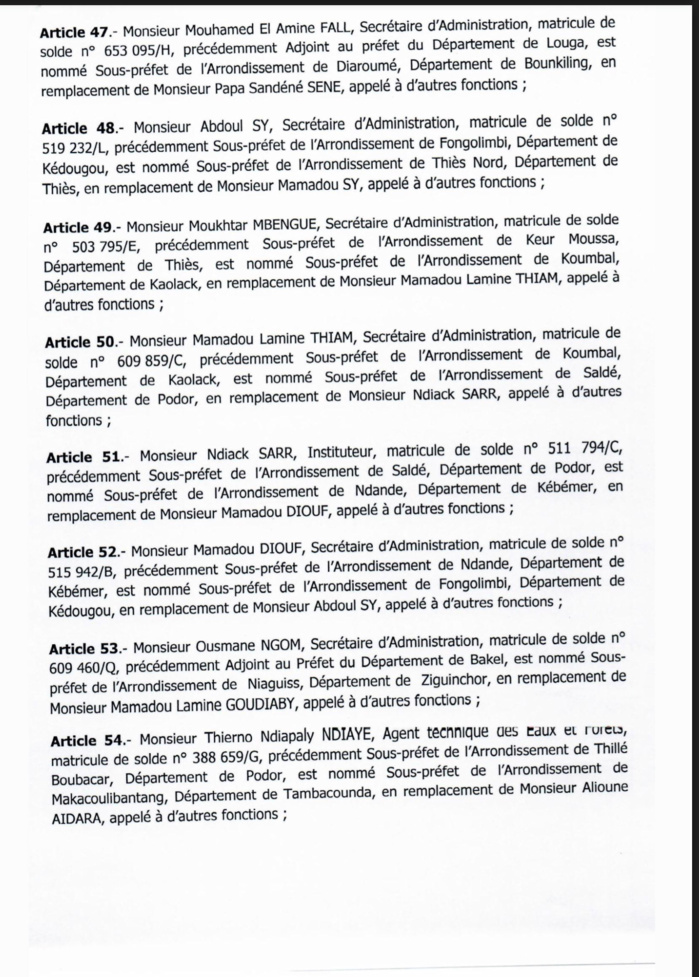 SÉNÉGAL : Décrets portant nomination d'Adjoints au Préfet et de Sous-préfets (DOCUMENTS) SÉNÉGAL : Décrets portant nomination d'Adjoints au Préfet et de Sous-préfets (DOCUMENTS)