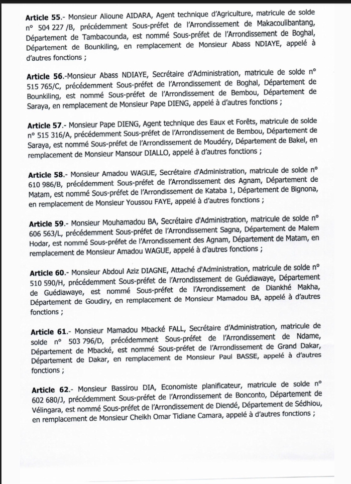 SÉNÉGAL : Décrets portant nomination d'Adjoints au Préfet et de Sous-préfets (DOCUMENTS)